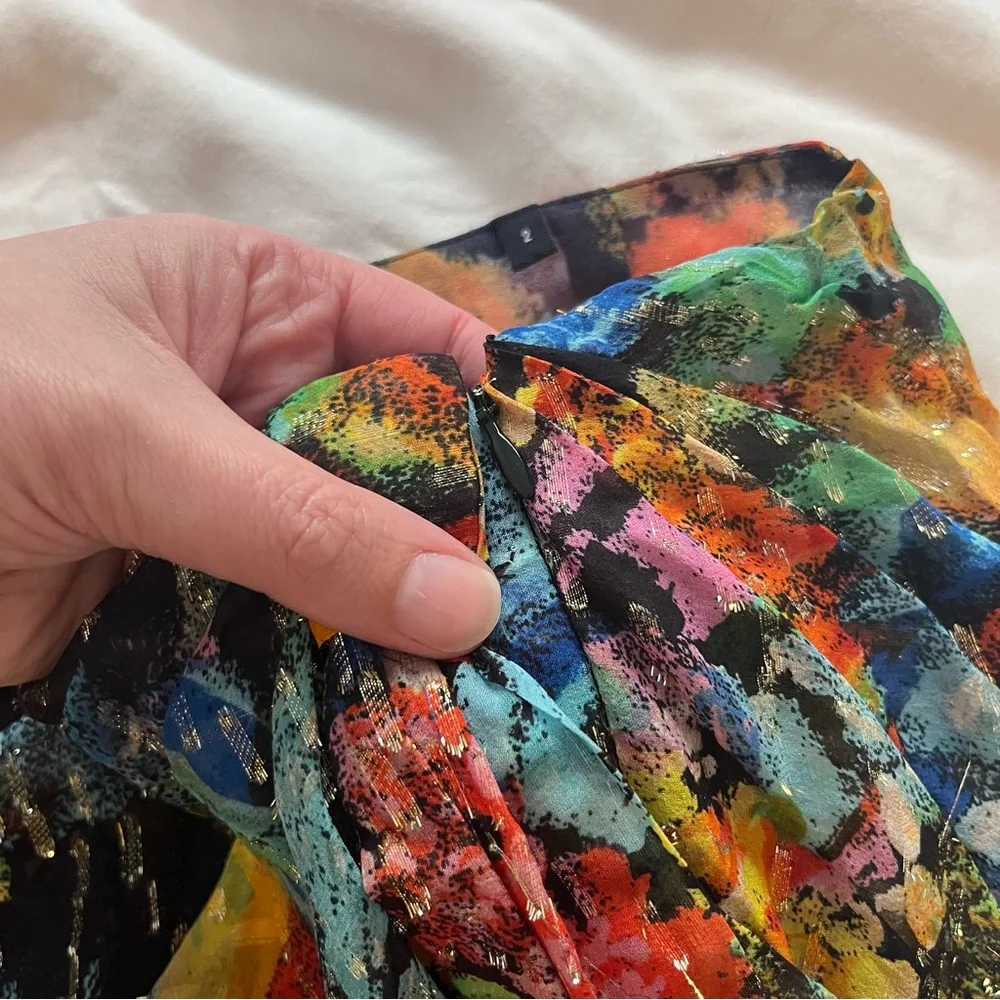 The Kooples Paris Multicolor Metallic Floral Mini Skirt Silk Size 2